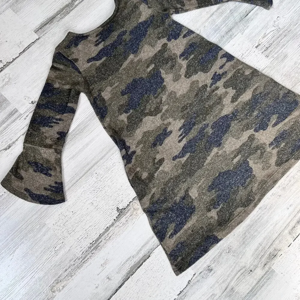 🍄3/$15 Rumi + Ryder Dress Girls XS 4-5 Green Camo Bell Sleeve Pullover Pockets